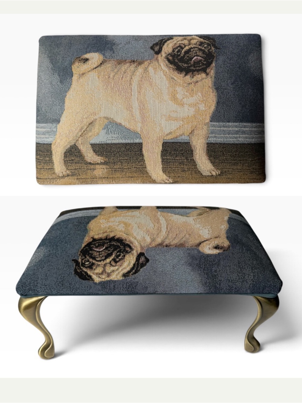 Pug Dog Tapestry Fabric Golden Metal Feet Rectangular Footstool 15 1/2”